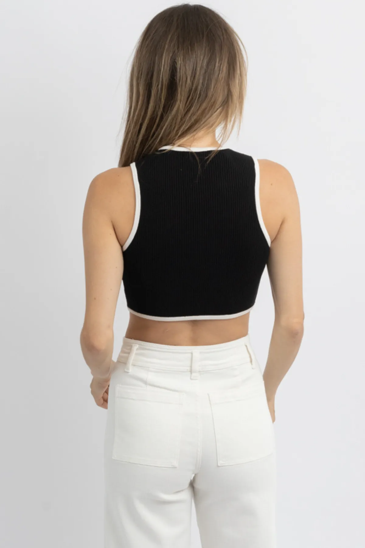 RENA BLACK   IVORY RIBBED CROP