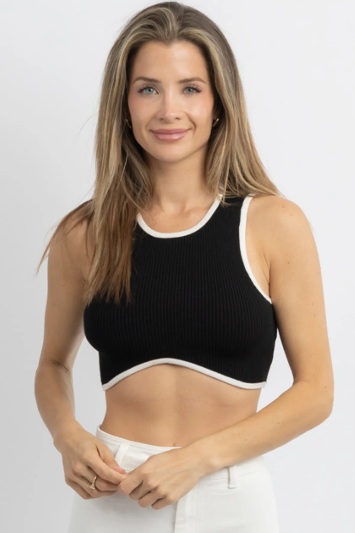 RENA BLACK   IVORY RIBBED CROP