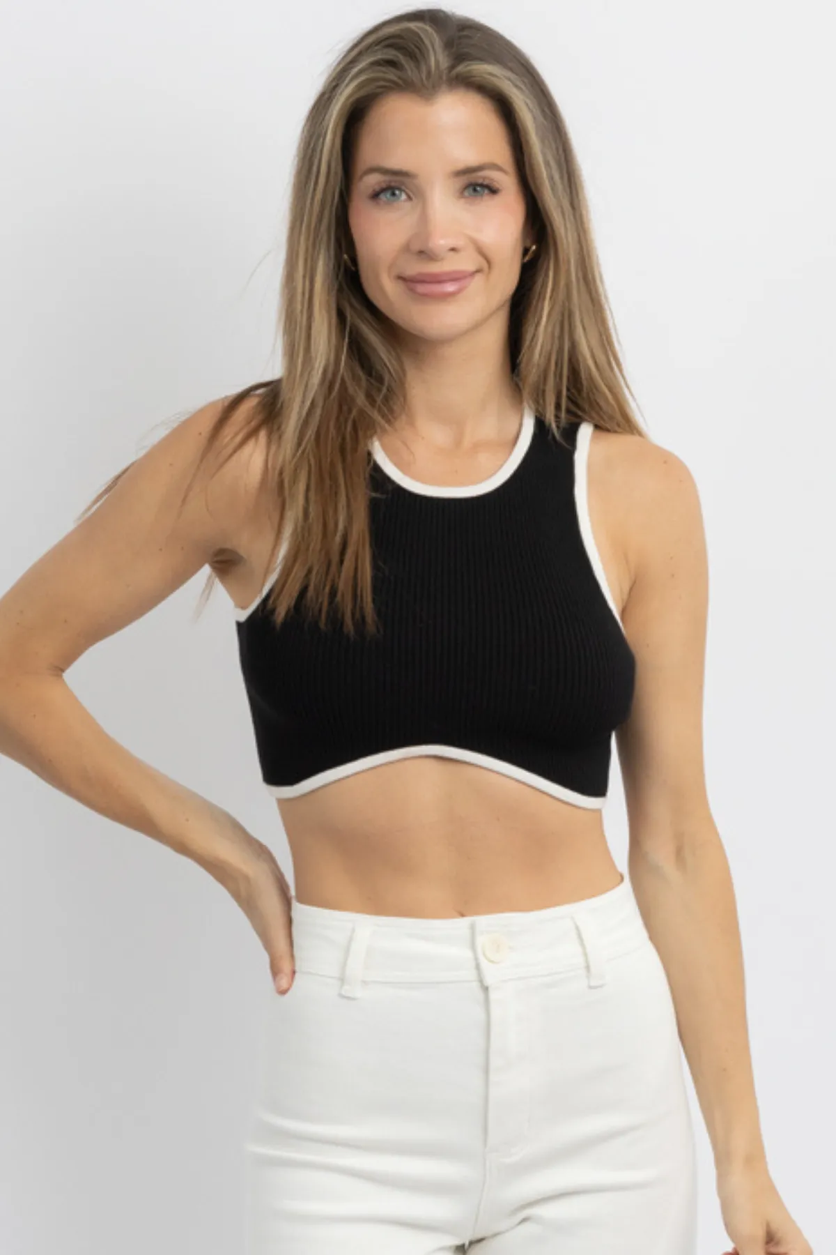 RENA BLACK   IVORY RIBBED CROP