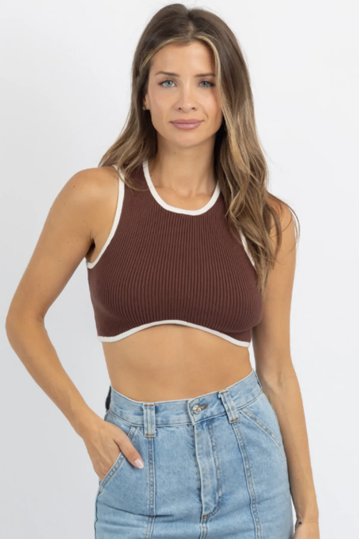 RENA CHOCOLATE   CREAM RIBBED CROP