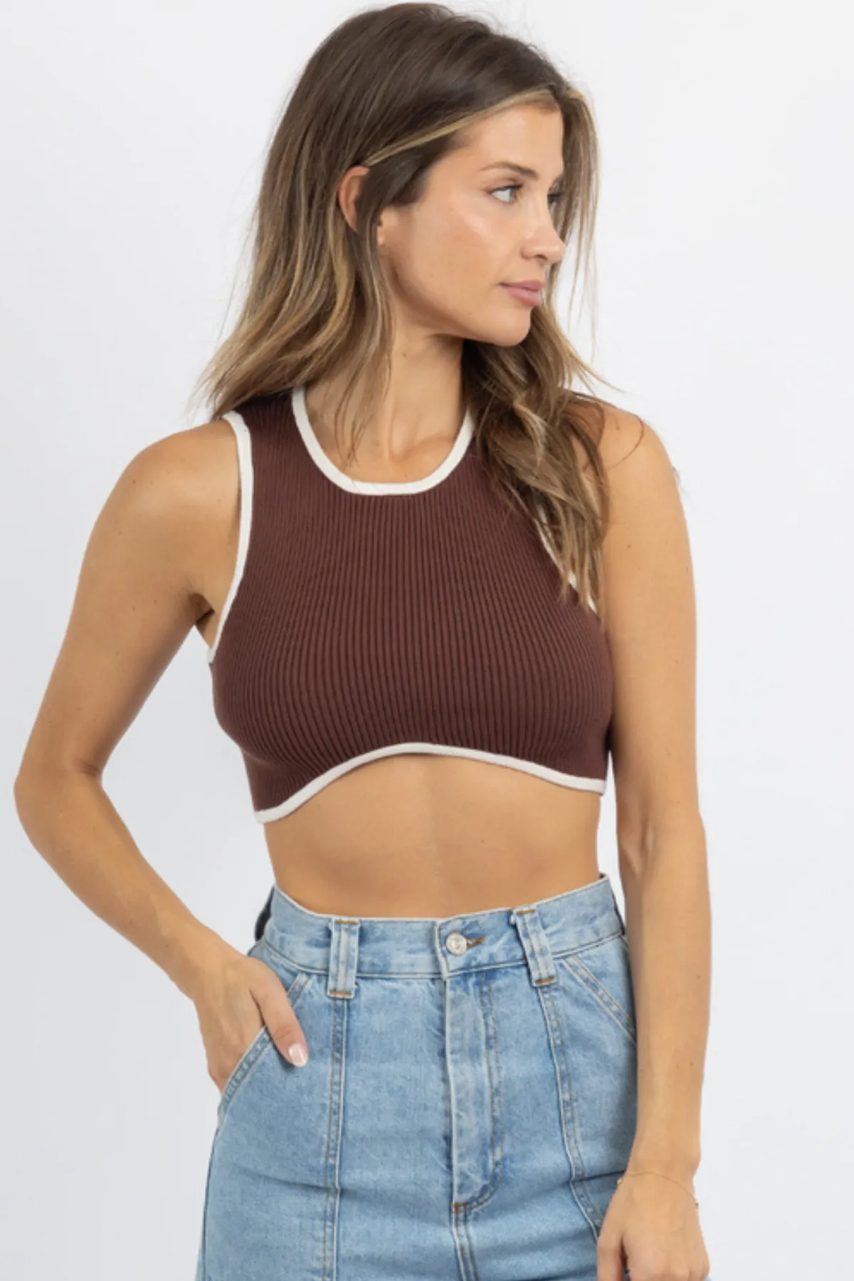 RENA CHOCOLATE   CREAM RIBBED CROP