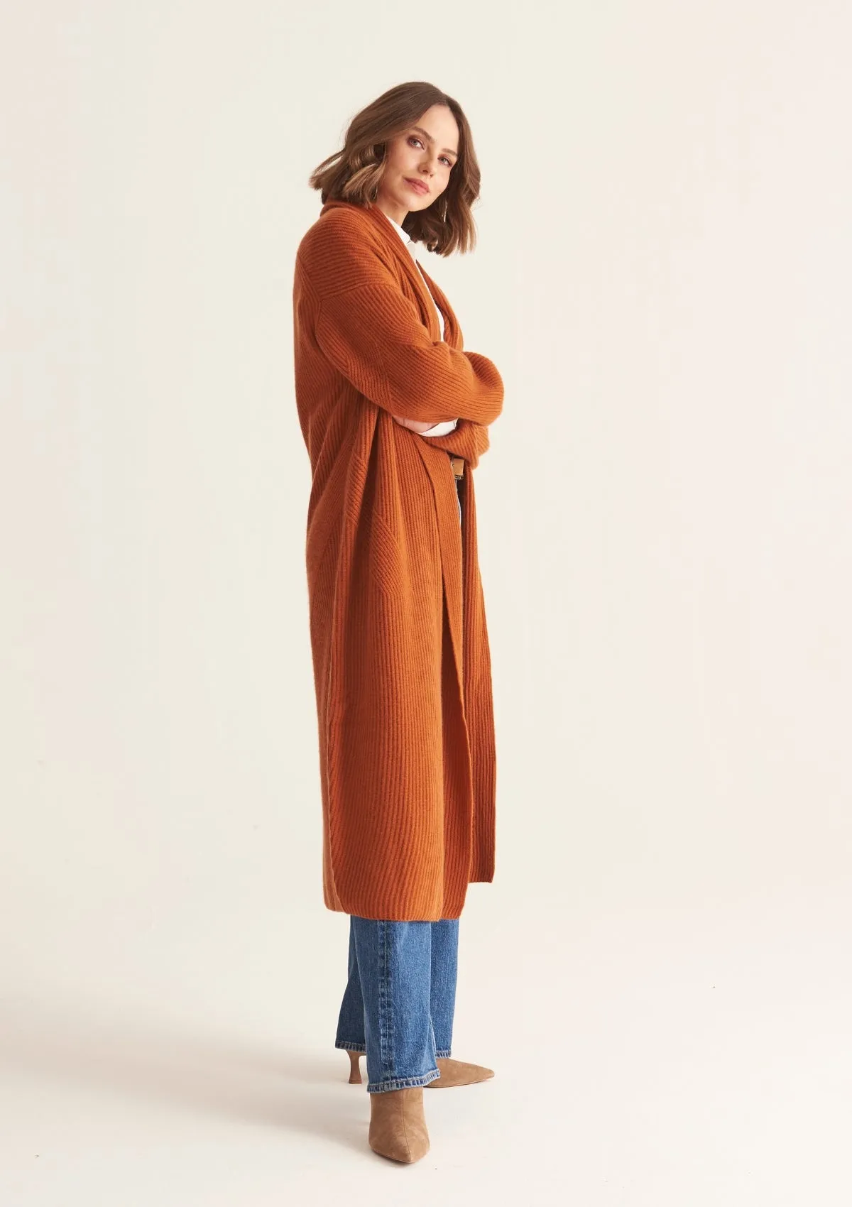 Ribbed Cashmere Coatigan in Ginger