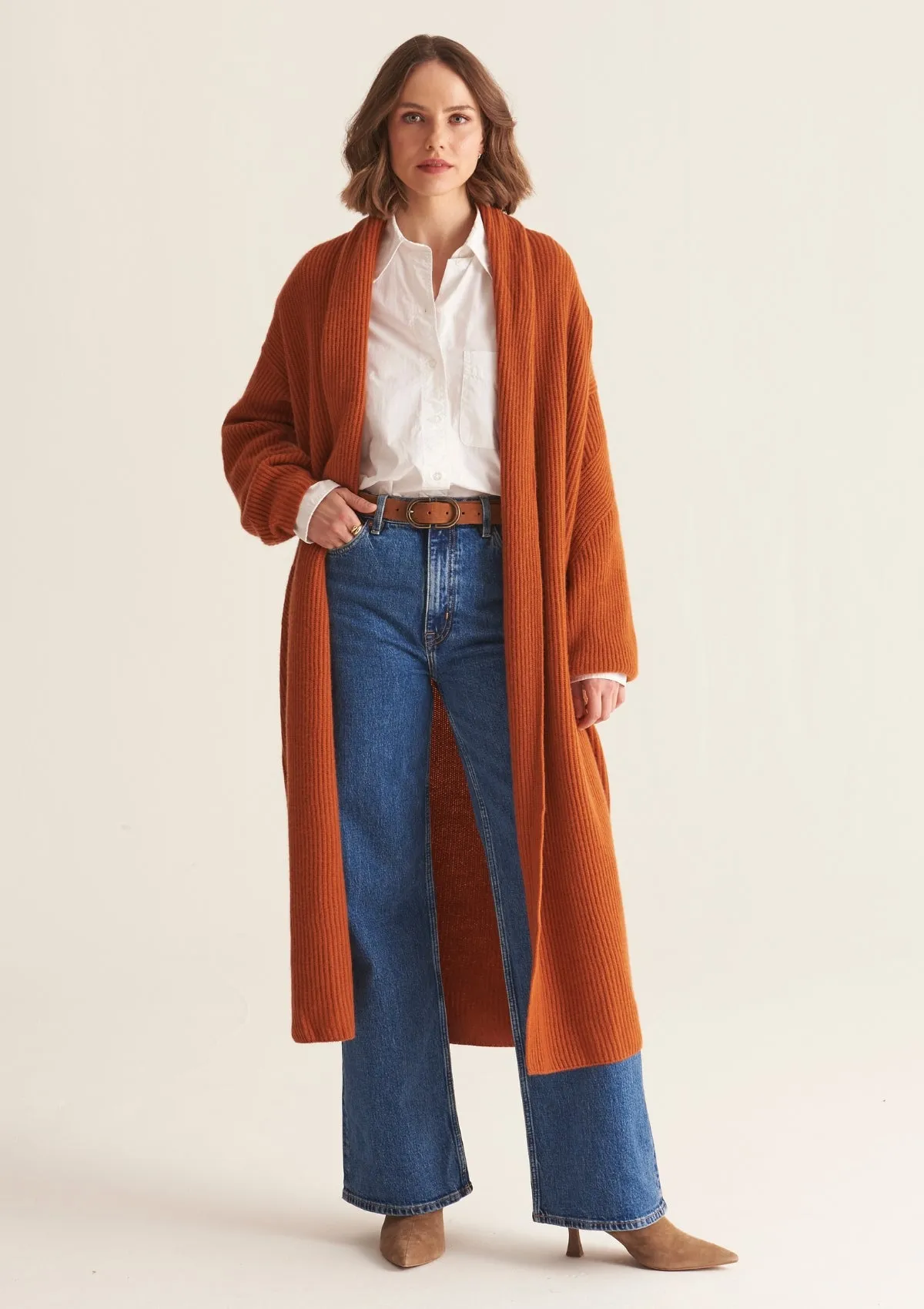 Ribbed Cashmere Coatigan in Ginger