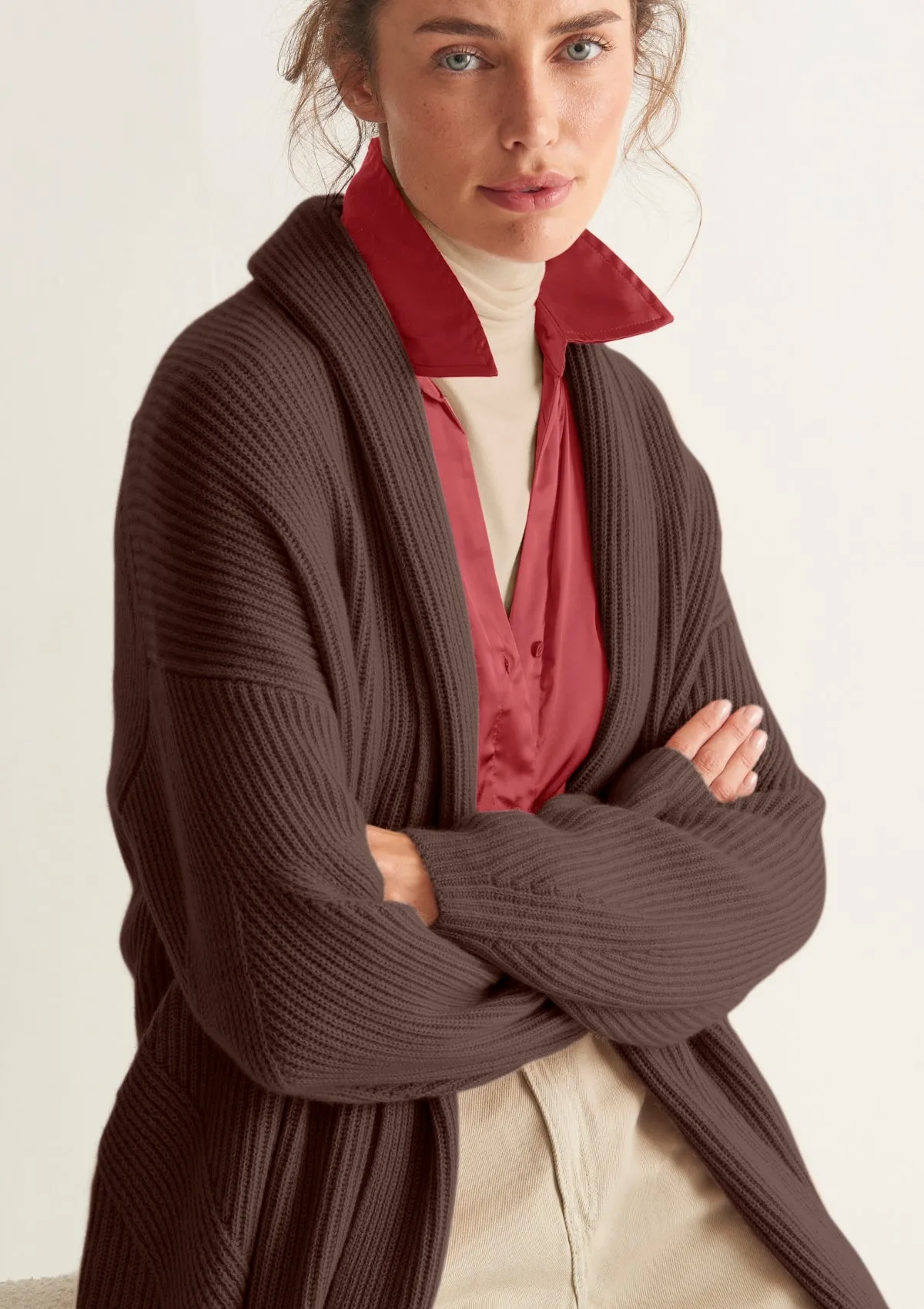 Ribbed Cashmere Coatigan in Rye Brown