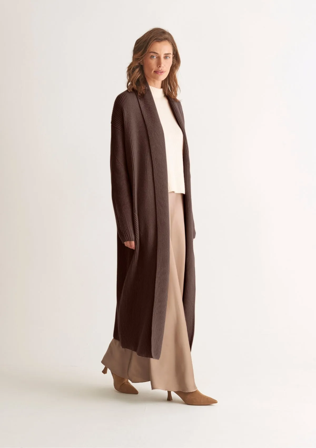 Ribbed Cashmere Coatigan in Rye Brown