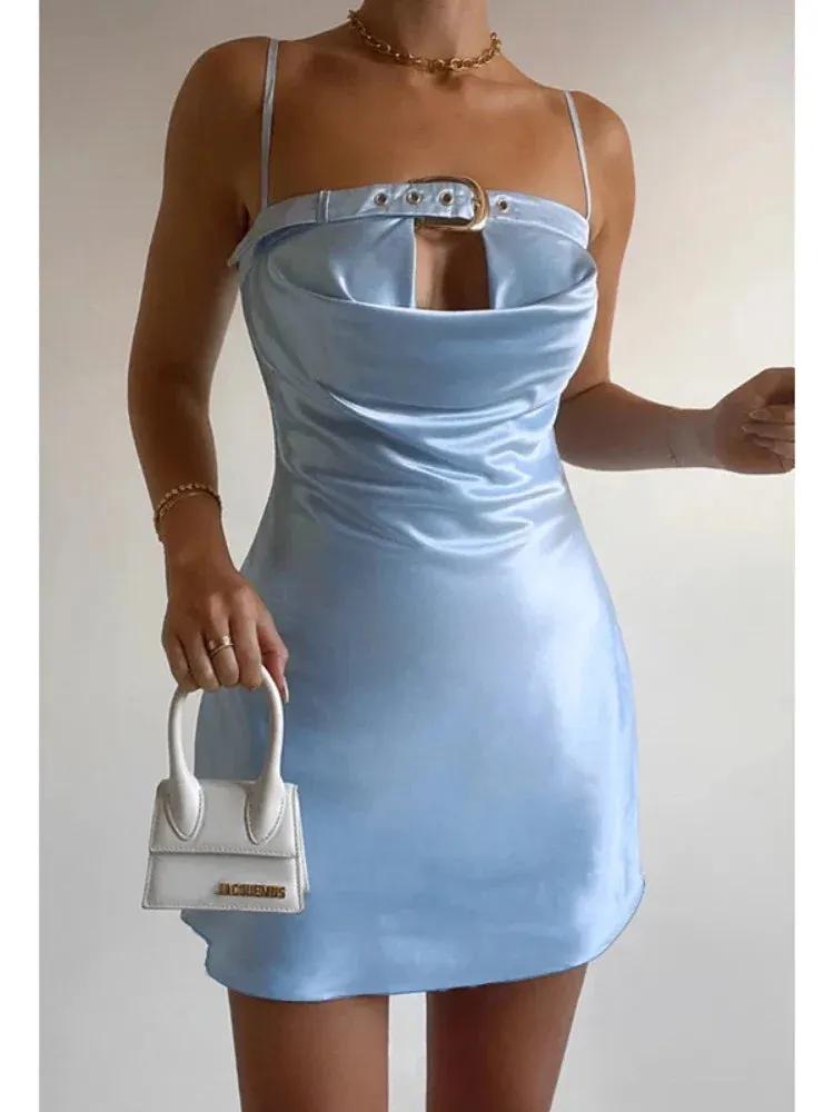 Satin Mini Dresses Women Summer Clothes 2024 Belted Hollow Cowl Neck Slip Dress Sexy Outfits Woman Club Wear C66-DC12