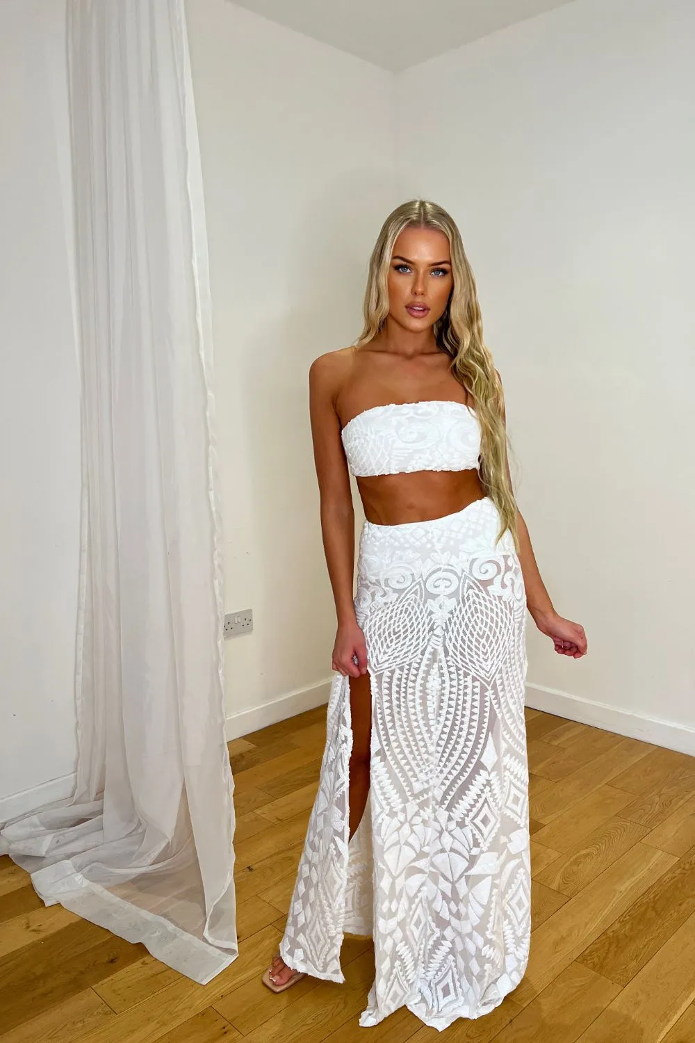 Shakirah White Luxe Bandeau Sequin Embellished Two-Piece Maxi Slit Dress