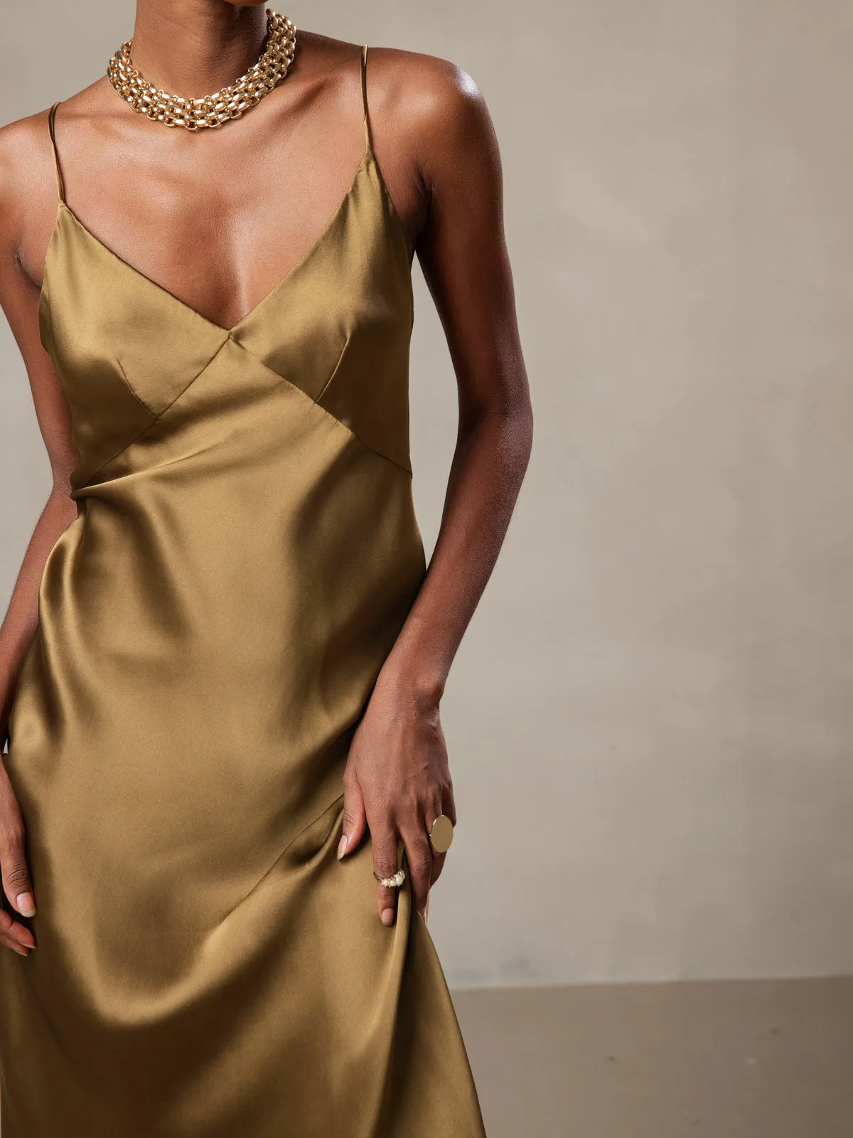 Silk Solid Color V-Neck Long Slip Dress