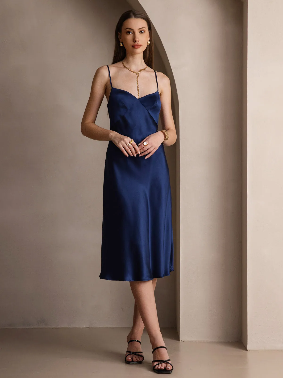 Silk Solid Color V-Neck Long Slip Dress