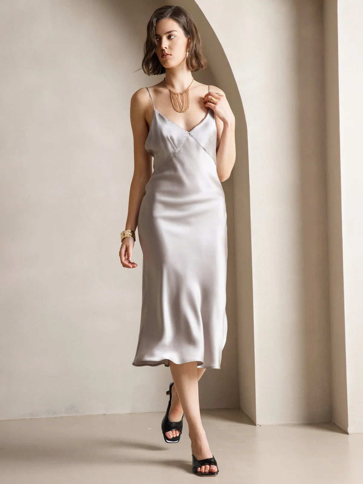 Silk Solid Color V-Neck Long Slip Dress