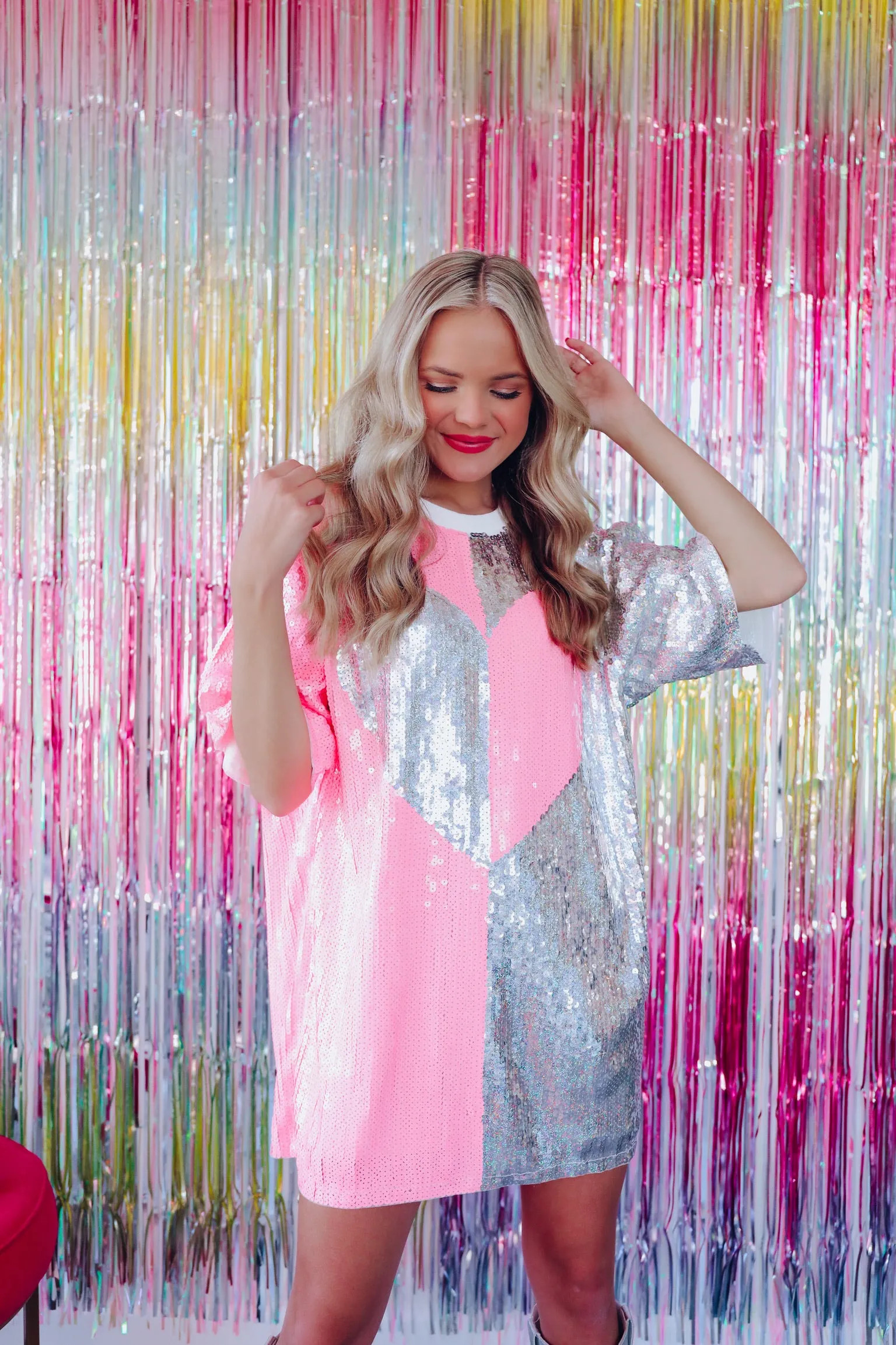Skip A Beat Sequin Heart Tunic Top - Pink/Silver