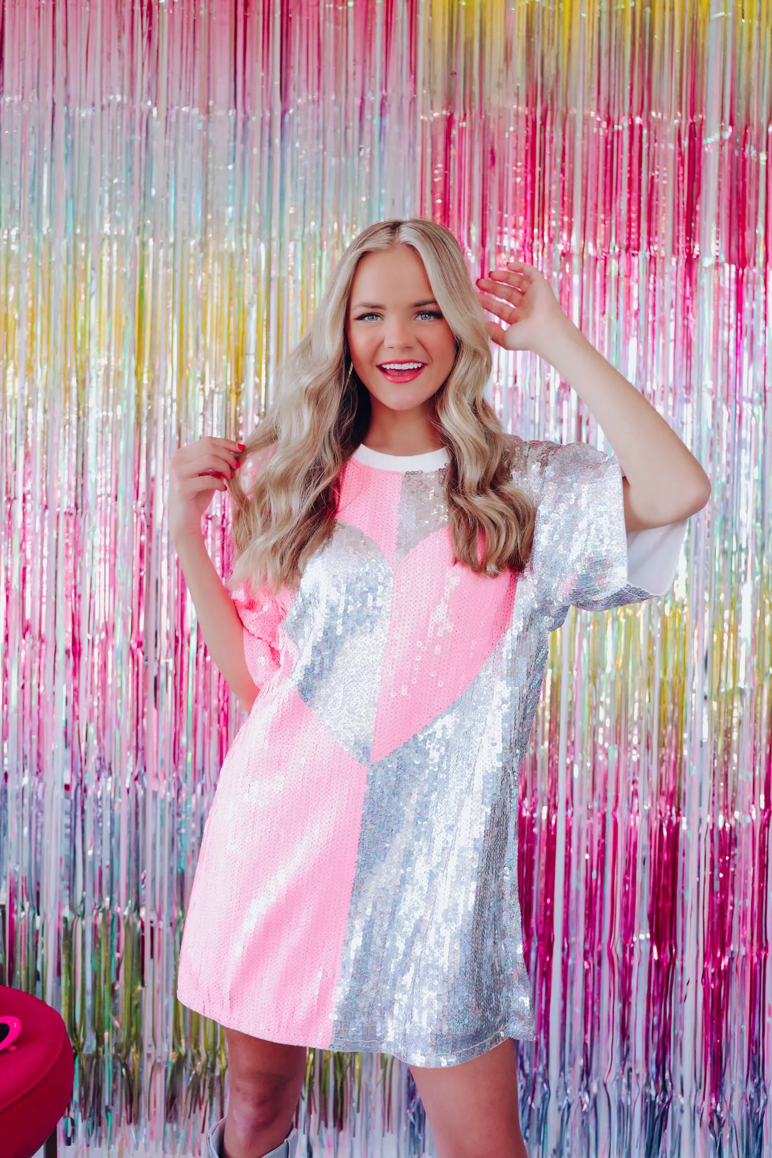 Skip A Beat Sequin Heart Tunic Top - Pink/Silver
