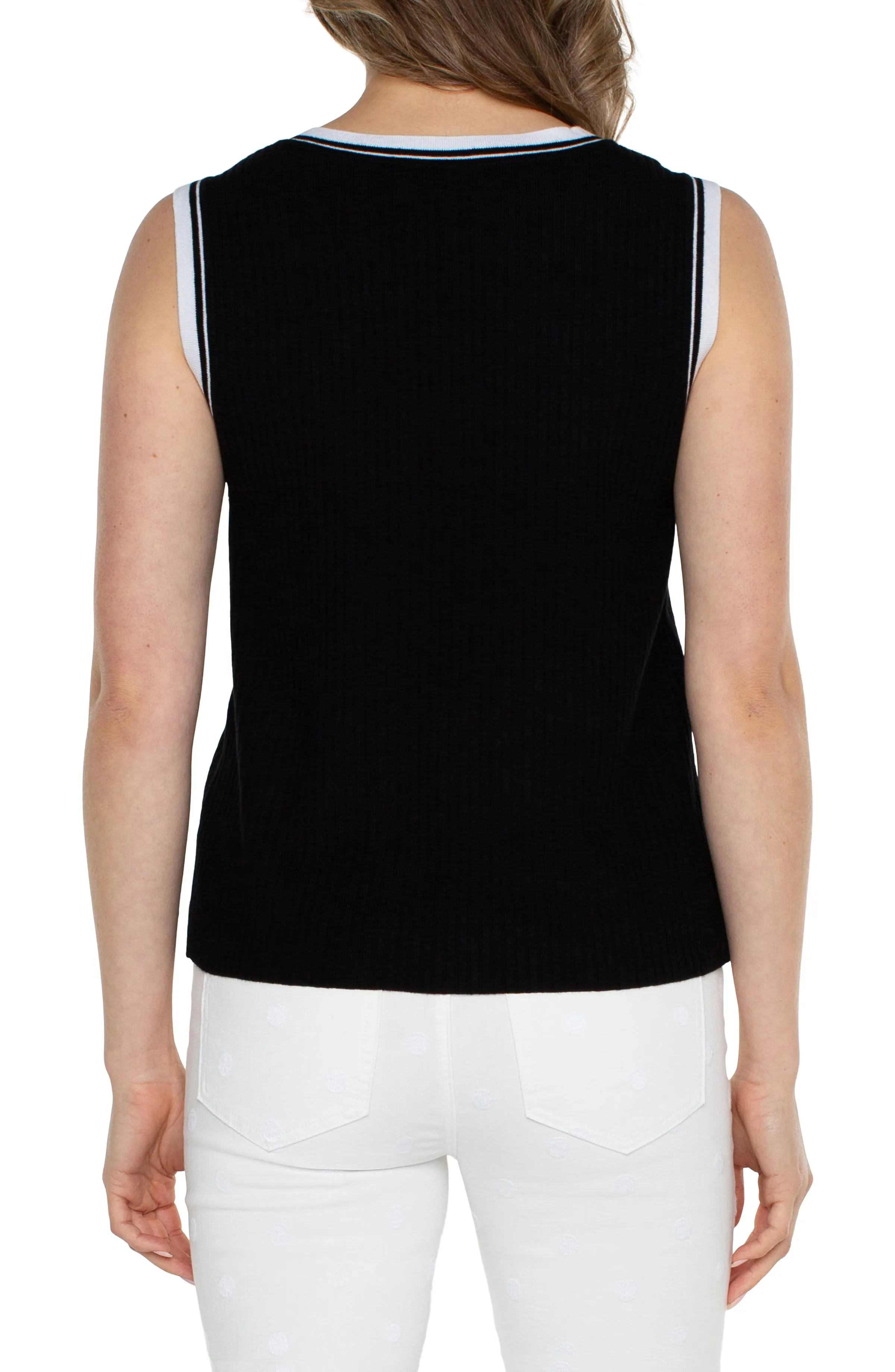 Sleeveless V-Neck Sweater with Trim Detail