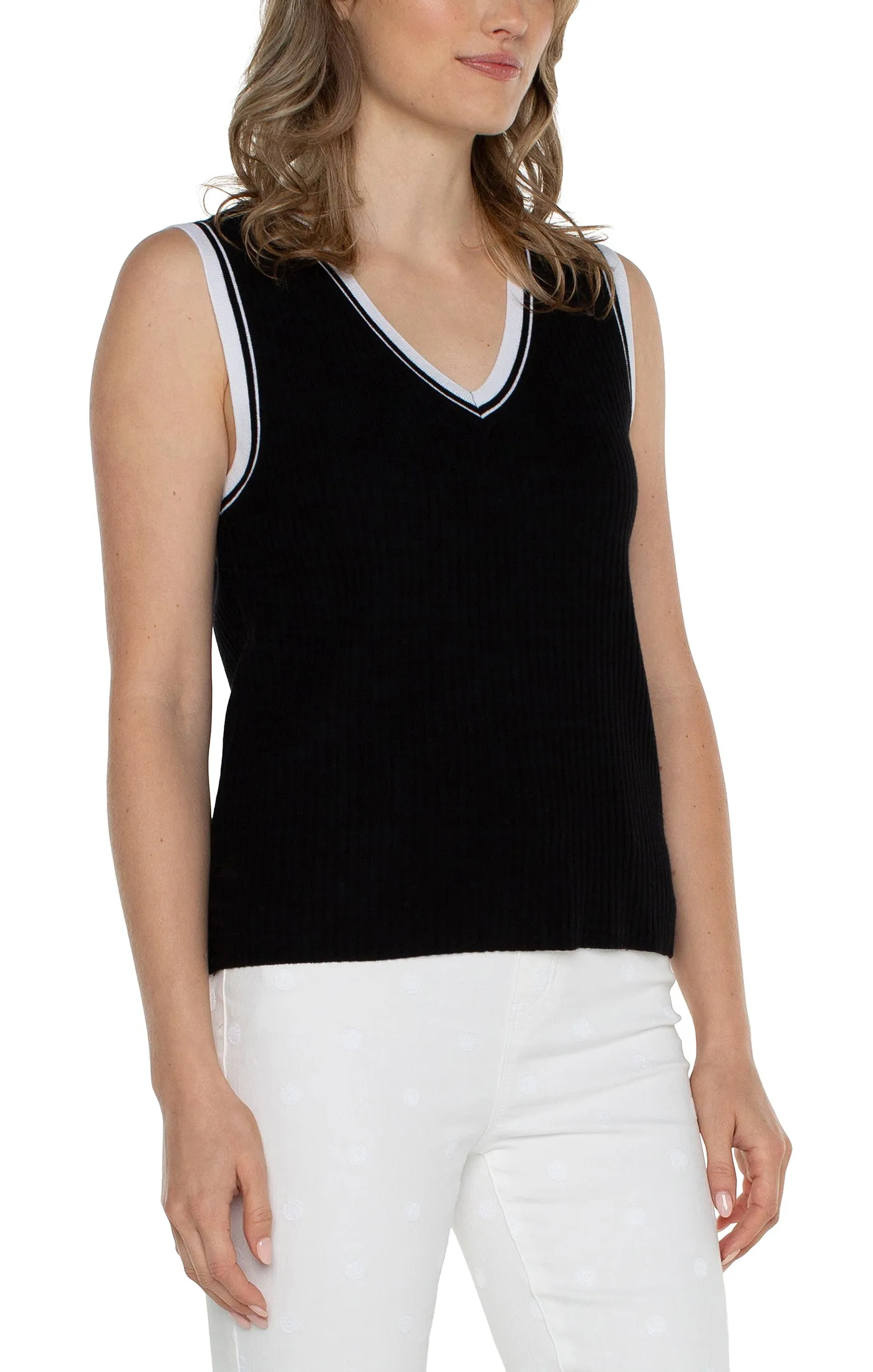 Sleeveless V-Neck Sweater with Trim Detail