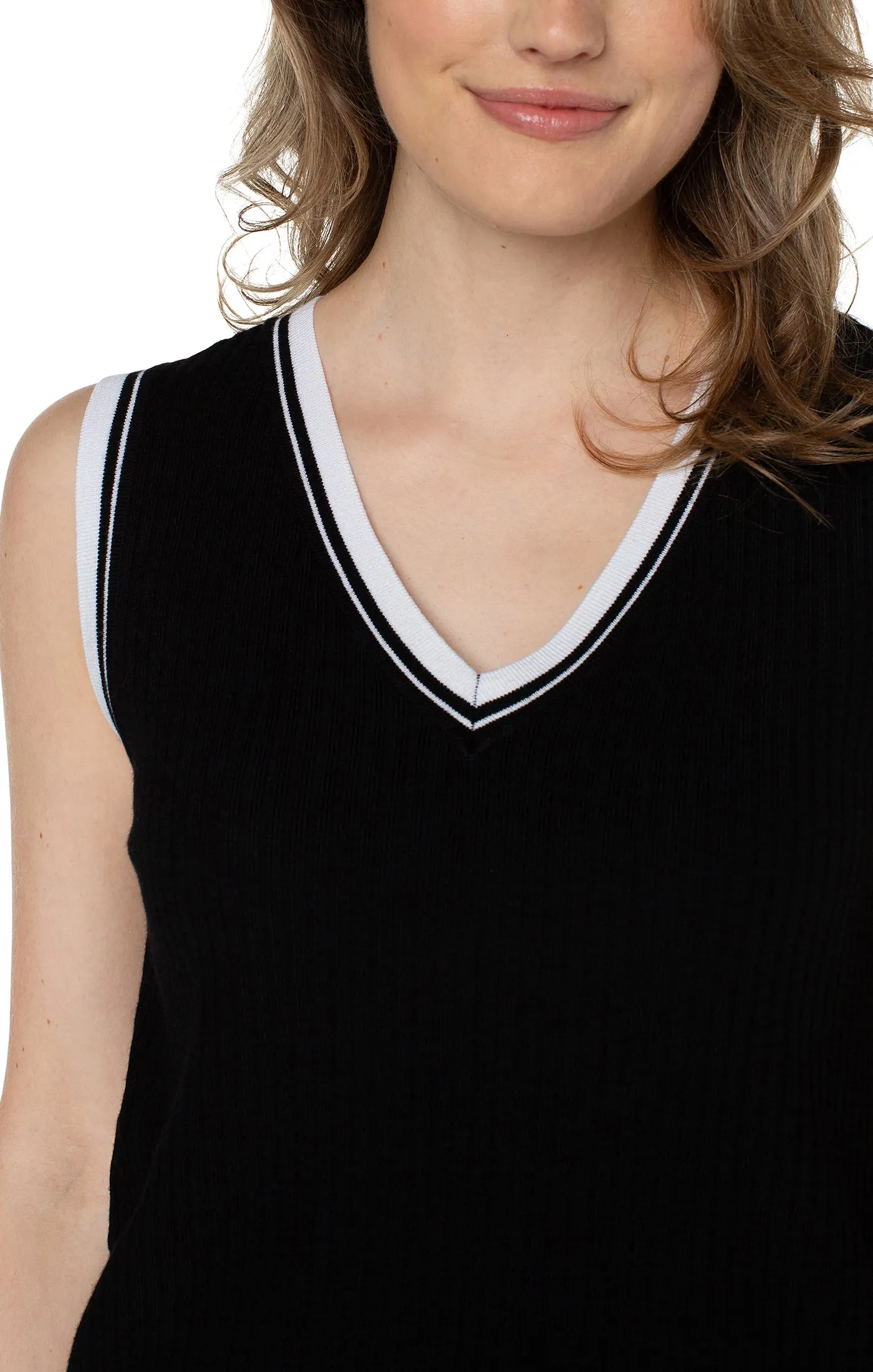 Sleeveless V-Neck Sweater with Trim Detail