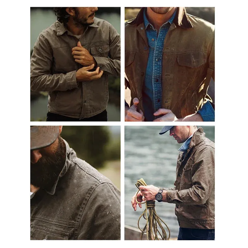 Stand Collar Oil Waxed Jacket - Men's Waterproof Vintage Coat