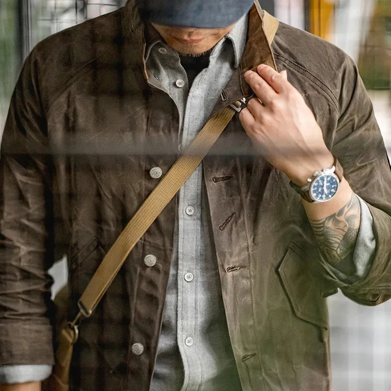 Stand Collar Oil Waxed Jacket - Men's Waterproof Vintage Coat