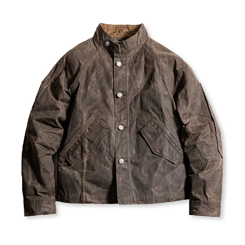 Stand Collar Oil Waxed Jacket - Men's Waterproof Vintage Coat