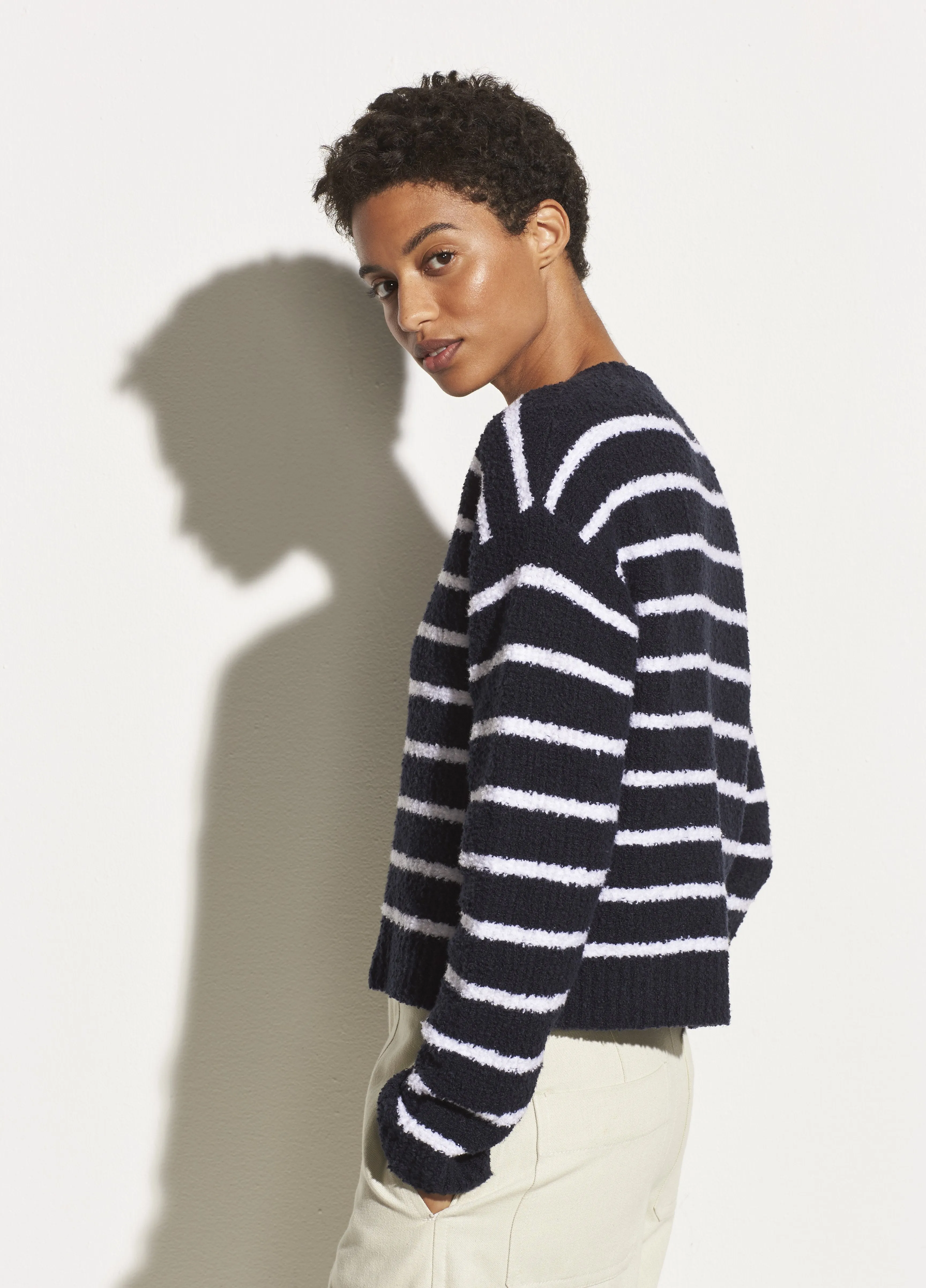 Striped Boucle Crew in Coastal/Optic White