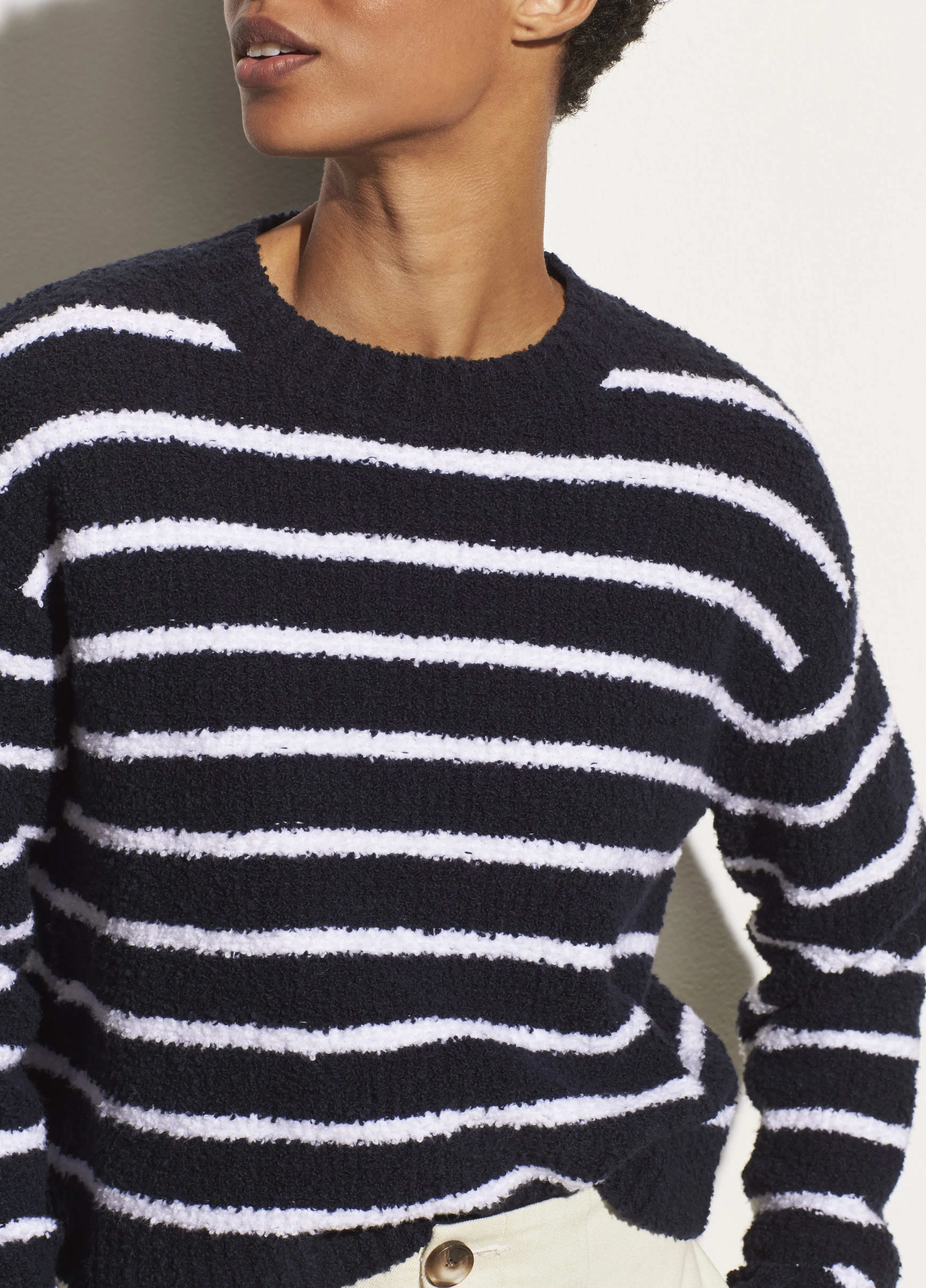 Striped Boucle Crew in Coastal/Optic White