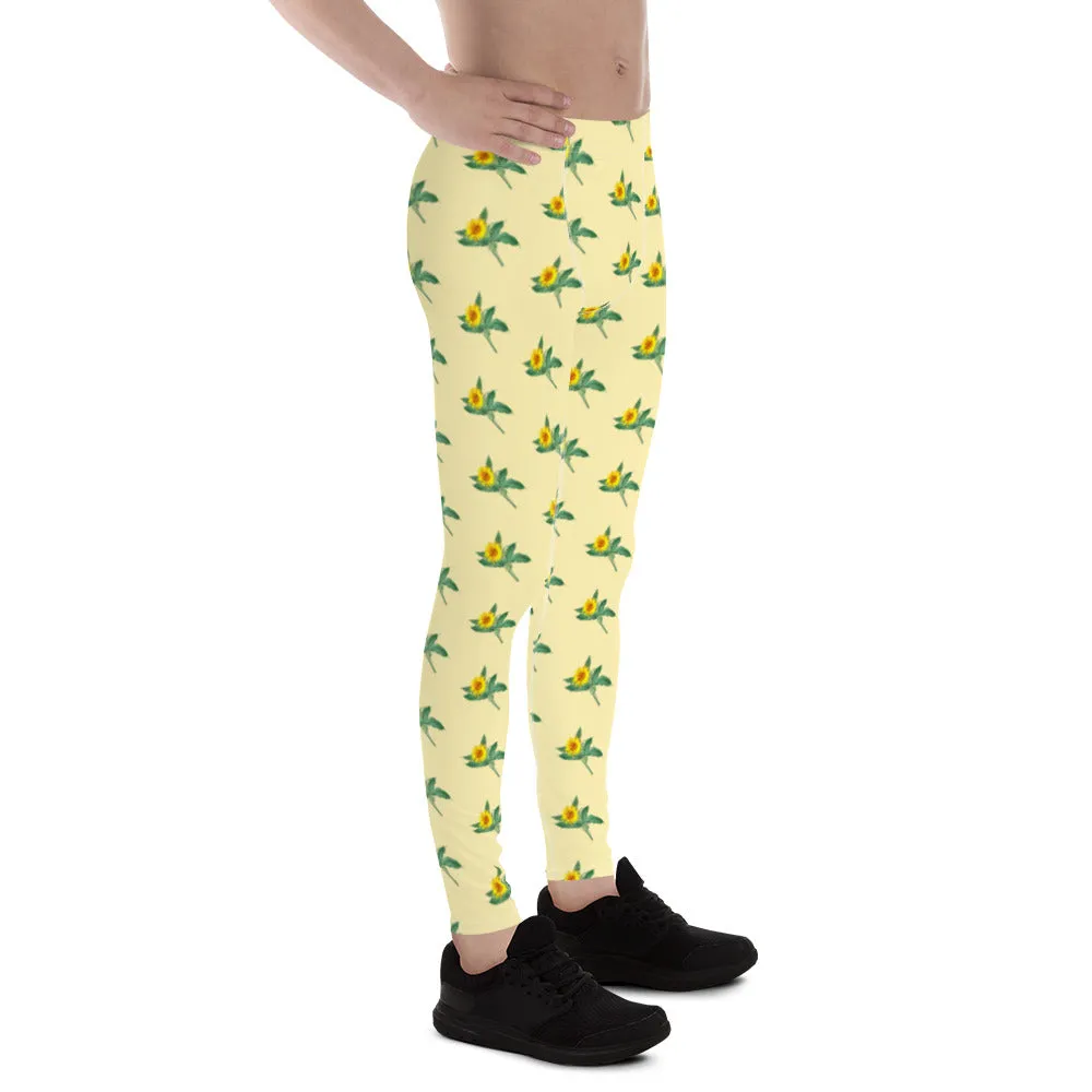 Sunflower Flower Men's Leggings, Yellow Floral Print Compression Running Tights For Men - Made in USA/EU