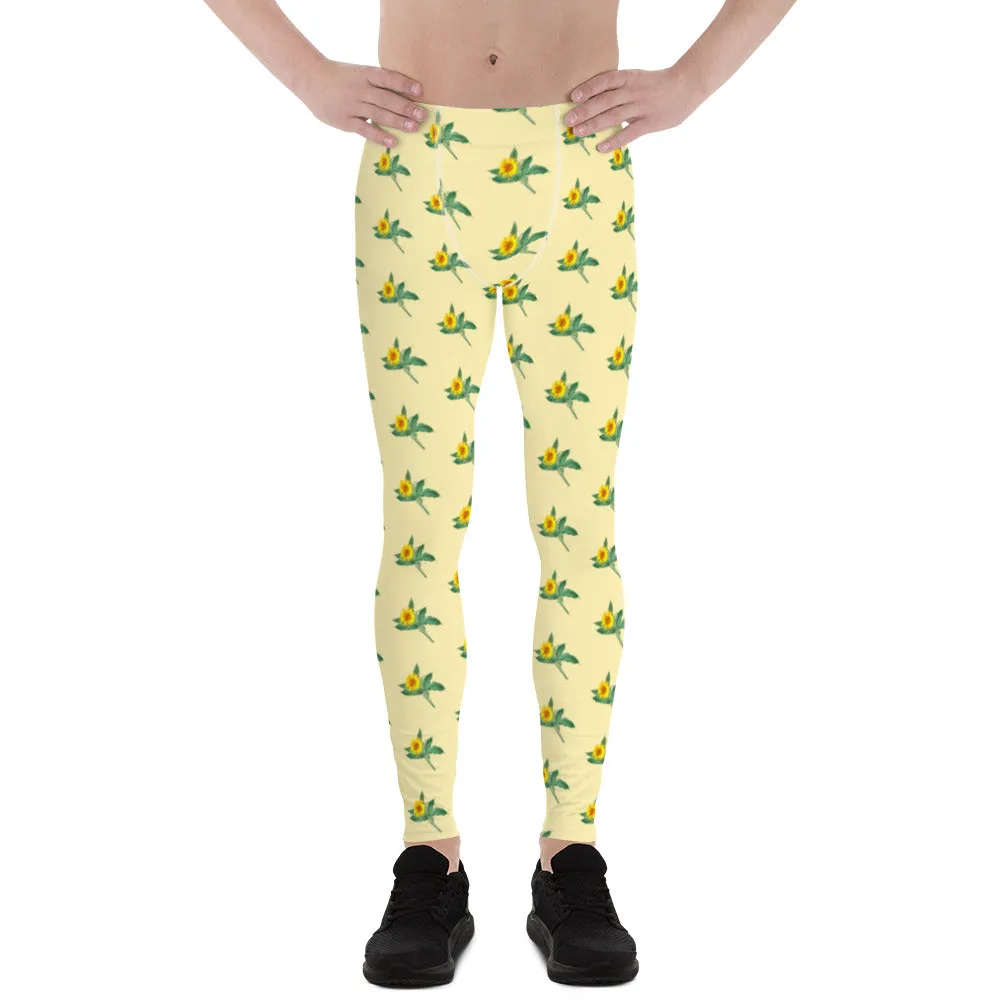 Sunflower Flower Men's Leggings, Yellow Floral Print Compression Running Tights For Men - Made in USA/EU