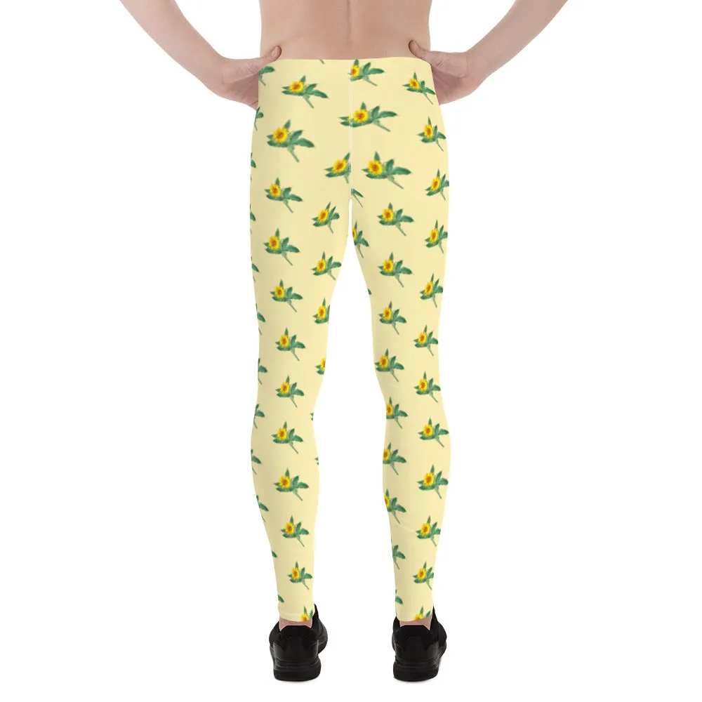Sunflower Flower Men's Leggings, Yellow Floral Print Compression Running Tights For Men - Made in USA/EU