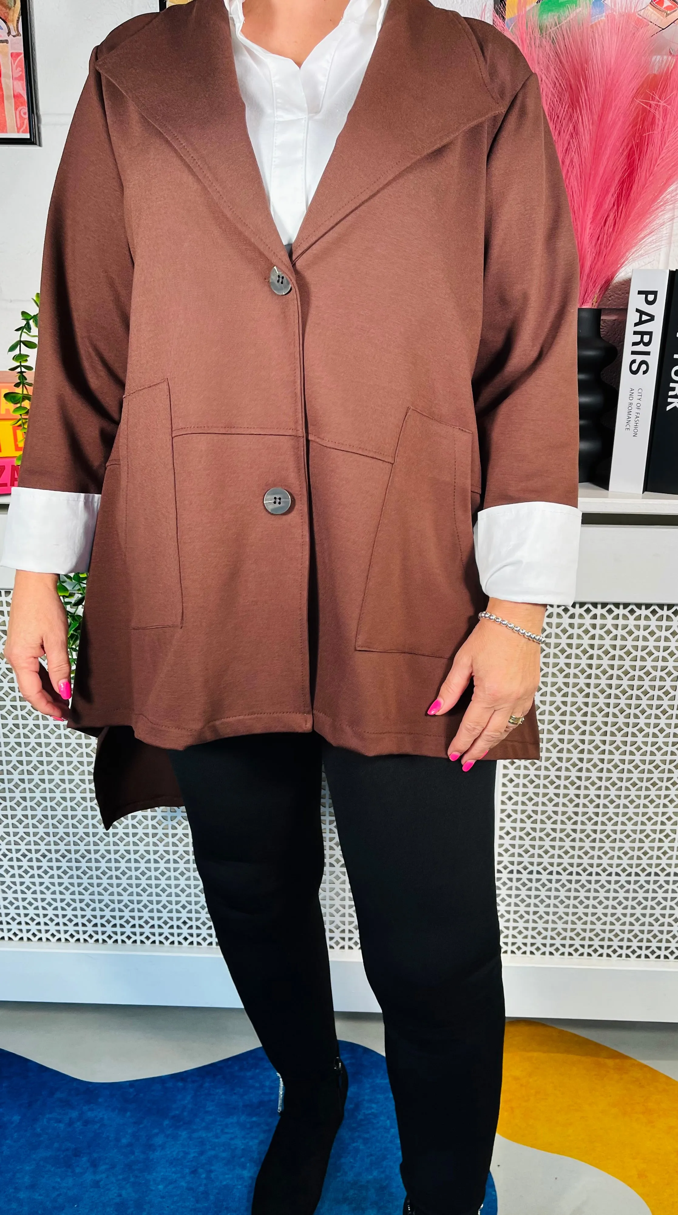 Tailored Grace Button-Up Jacket - Chocolate