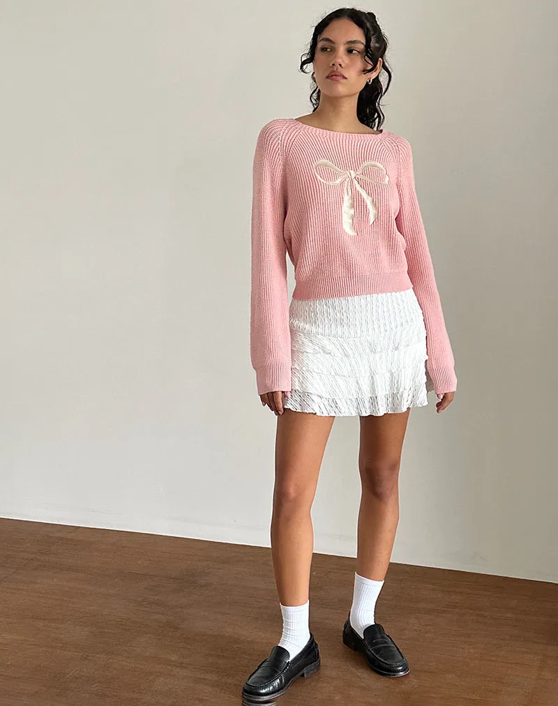Tami Jumper in Knit Pink with White Bow Embroidery
