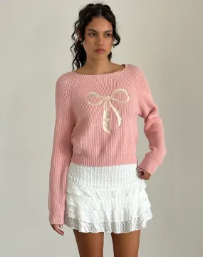 Tami Jumper in Knit Pink with White Bow Embroidery