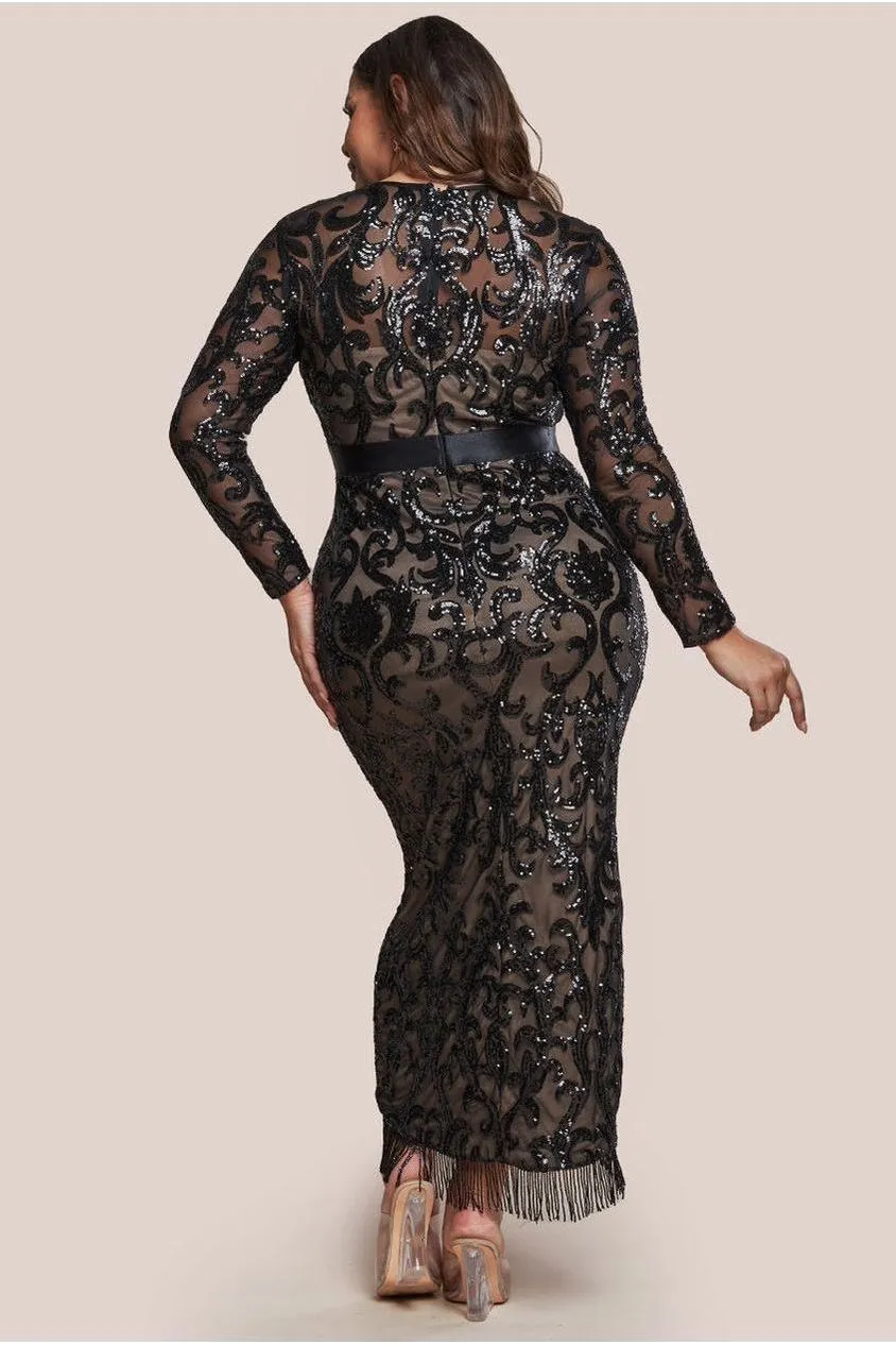 Tassel & Sequin Maxi With Front Split - Black by Goddiva Plus