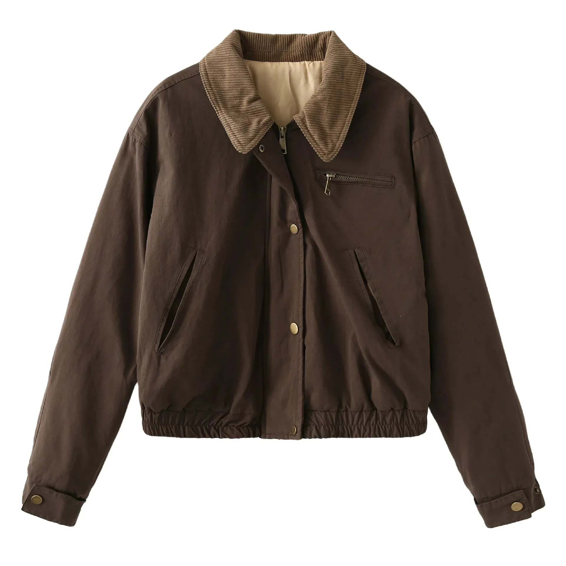 TAVIMART  -  Autumn New Solid Zipper Jacket Women Chic Button Up Turndown Collar Cropped Jacket Streetwear Vintage Long Sleeve Outerwear