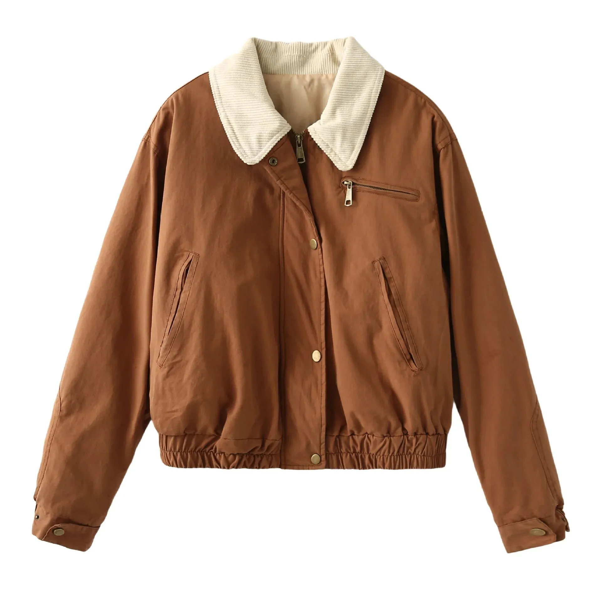 TAVIMART  -  Autumn New Solid Zipper Jacket Women Chic Button Up Turndown Collar Cropped Jacket Streetwear Vintage Long Sleeve Outerwear