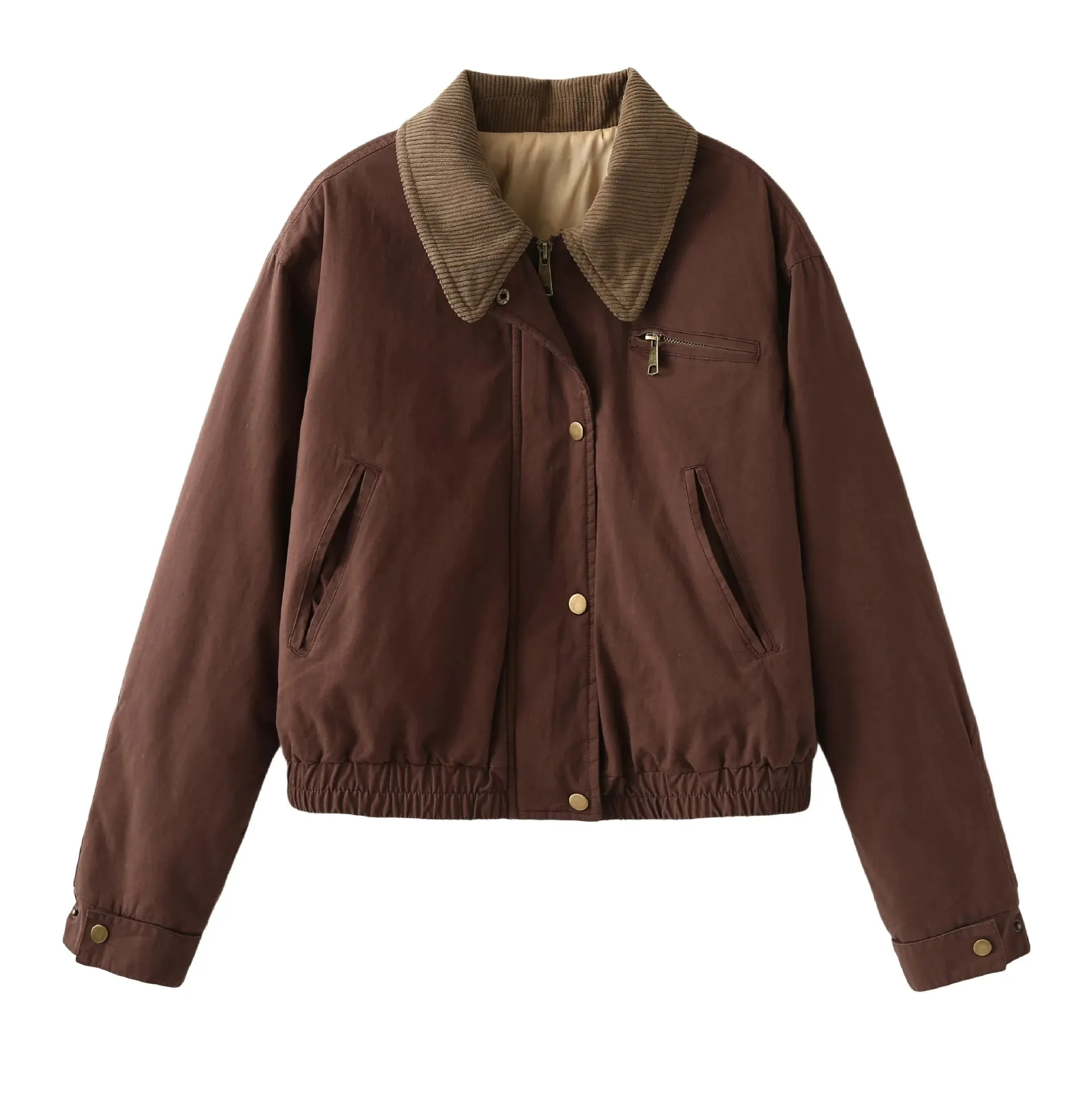 TAVIMART  -  Autumn New Solid Zipper Jacket Women Chic Button Up Turndown Collar Cropped Jacket Streetwear Vintage Long Sleeve Outerwear