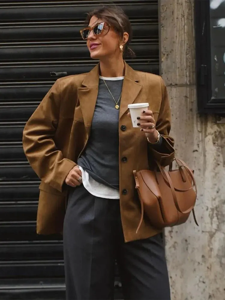 TAVIMART  -  Casual Brown Cropped Lapel Women's Jacket Fashion Single Breasted Long Sleeve Loose Coat New Winter Chic Female Streetwear