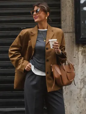 TAVIMART  -  Casual Brown Cropped Lapel Women's Jacket Fashion Single Breasted Long Sleeve Loose Coat New Winter Chic Female Streetwear