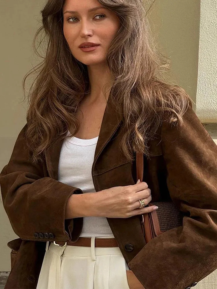 TAVIMART  -  Casual Brown Cropped Lapel Women's Jacket Fashion Single Breasted Long Sleeve Loose Coat New Winter Chic Female Streetwear