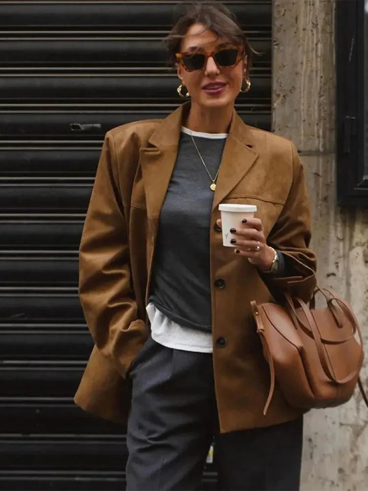 TAVIMART  -  Casual Brown Cropped Lapel Women's Jacket Fashion Single Breasted Long Sleeve Loose Coat New Winter Chic Female Streetwear