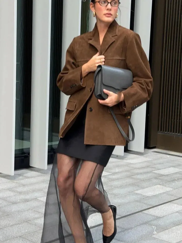 TAVIMART  -  Casual Brown Cropped Lapel Women's Jacket Fashion Single Breasted Long Sleeve Loose Coat New Winter Chic Female Streetwear
