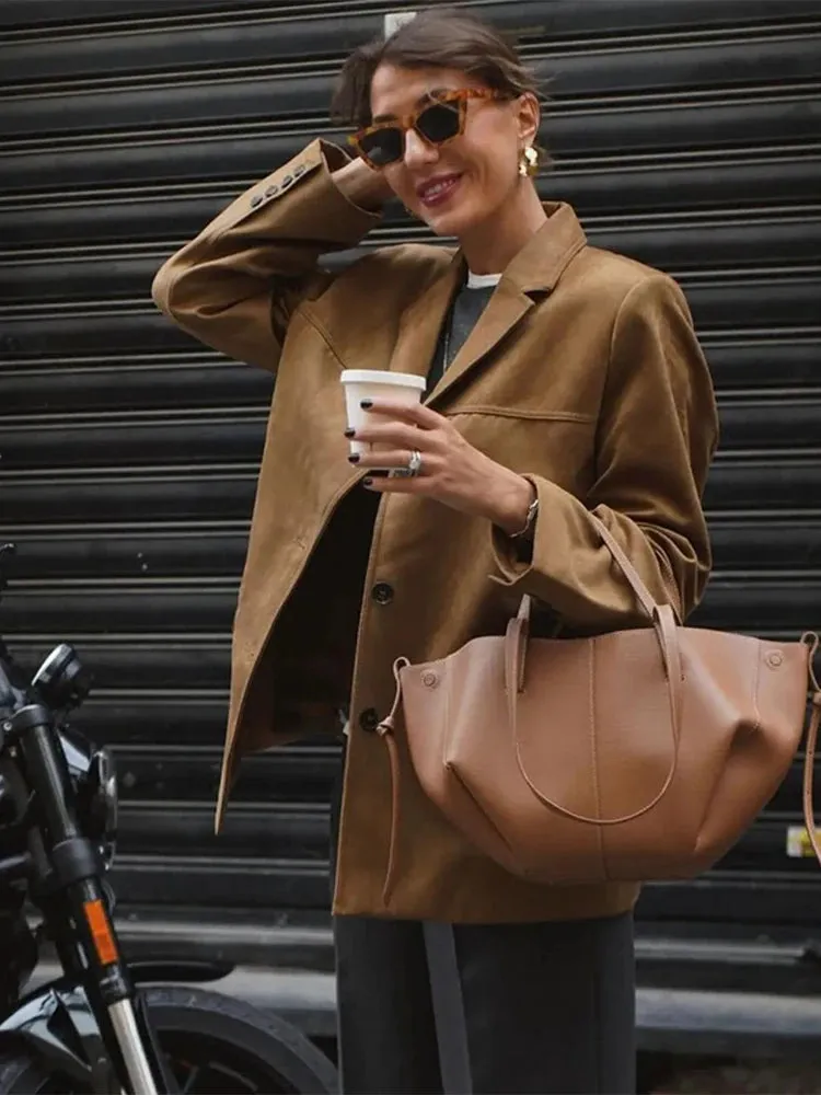 TAVIMART  -  Casual Brown Cropped Lapel Women's Jacket Fashion Single Breasted Long Sleeve Loose Coat New Winter Chic Female Streetwear