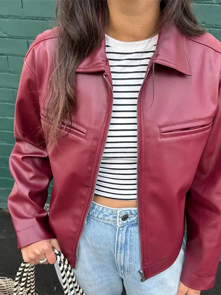 TAVIMART  -  Chic Zipper Bomber Leather Jacket For Women Fashion Lapel Long Sleeve Cropped Jackets 2024 Autumn Female Commuting Streetwear