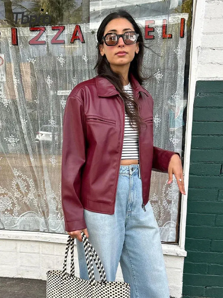 TAVIMART  -  Chic Zipper Bomber Leather Jacket For Women Fashion Lapel Long Sleeve Cropped Jackets 2024 Autumn Female Commuting Streetwear