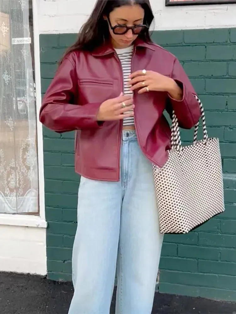 TAVIMART  -  Chic Zipper Bomber Leather Jacket For Women Fashion Lapel Long Sleeve Cropped Jackets 2024 Autumn Female Commuting Streetwear