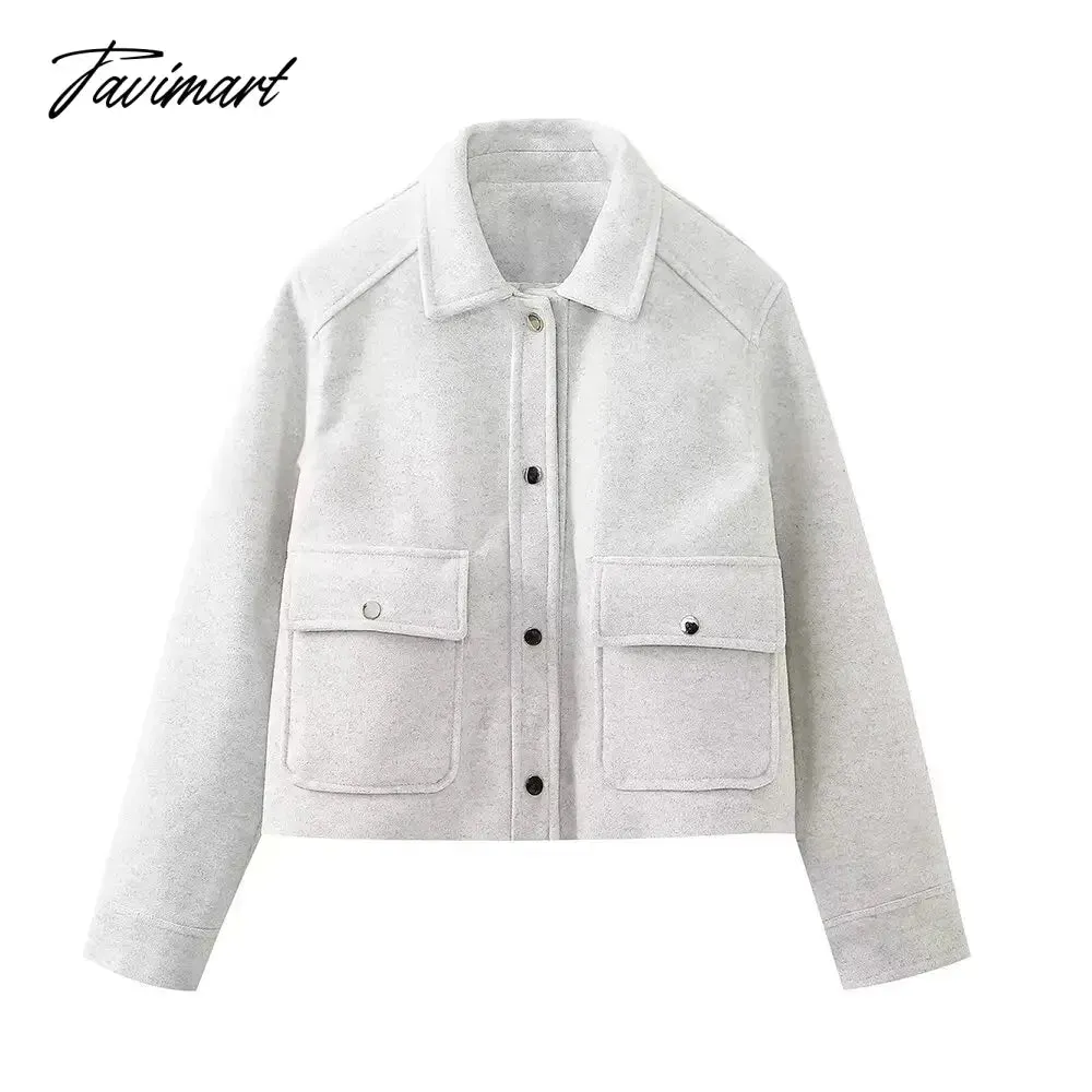 TAVIMART Pockets Cropped Jacket Woman Spring Streetwear Turn Down Collar Long Sleeve Khaki Short Coat Fashion New Chic Outerwear Tops