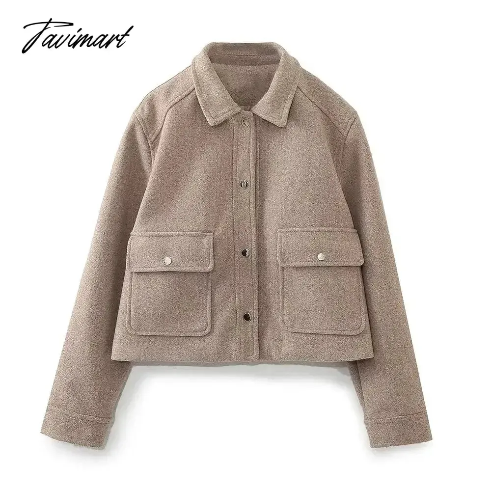 TAVIMART Pockets Cropped Jacket Woman Spring Streetwear Turn Down Collar Long Sleeve Khaki Short Coat Fashion New Chic Outerwear Tops