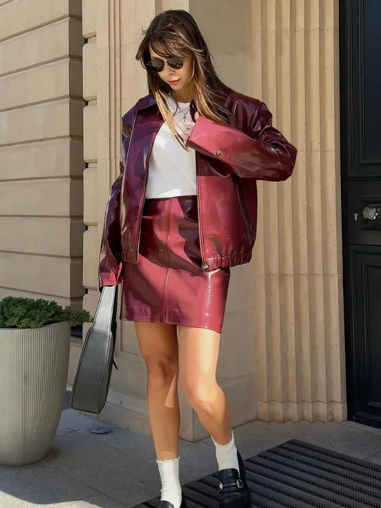 TAVIMART  -  Women Elegant Ancora Red Zipper Leather Jacket 2 Piece Set Fashion High Waist Solid Cropped Mini Skirt Suit Lady Streetwear