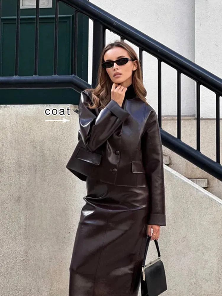 TAVIMART  -  Women Elegant Ancora Red Zipper Leather Jacket 2 Piece Set Fashion High Waist Solid Cropped Mini Skirt Suit Lady Streetwear
