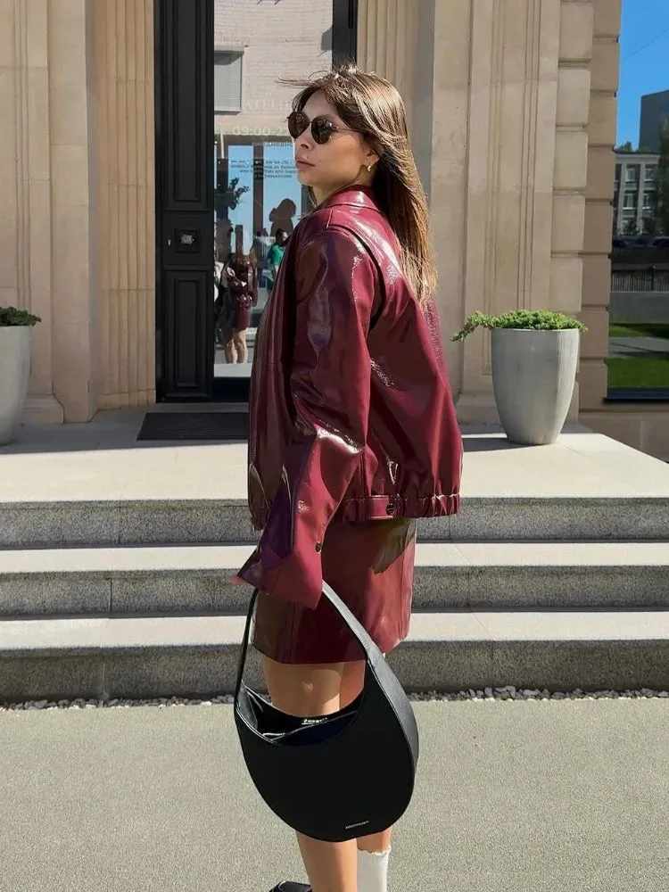 TAVIMART  -  Women Elegant Ancora Red Zipper Leather Jacket 2 Piece Set Fashion High Waist Solid Cropped Mini Skirt Suit Lady Streetwear