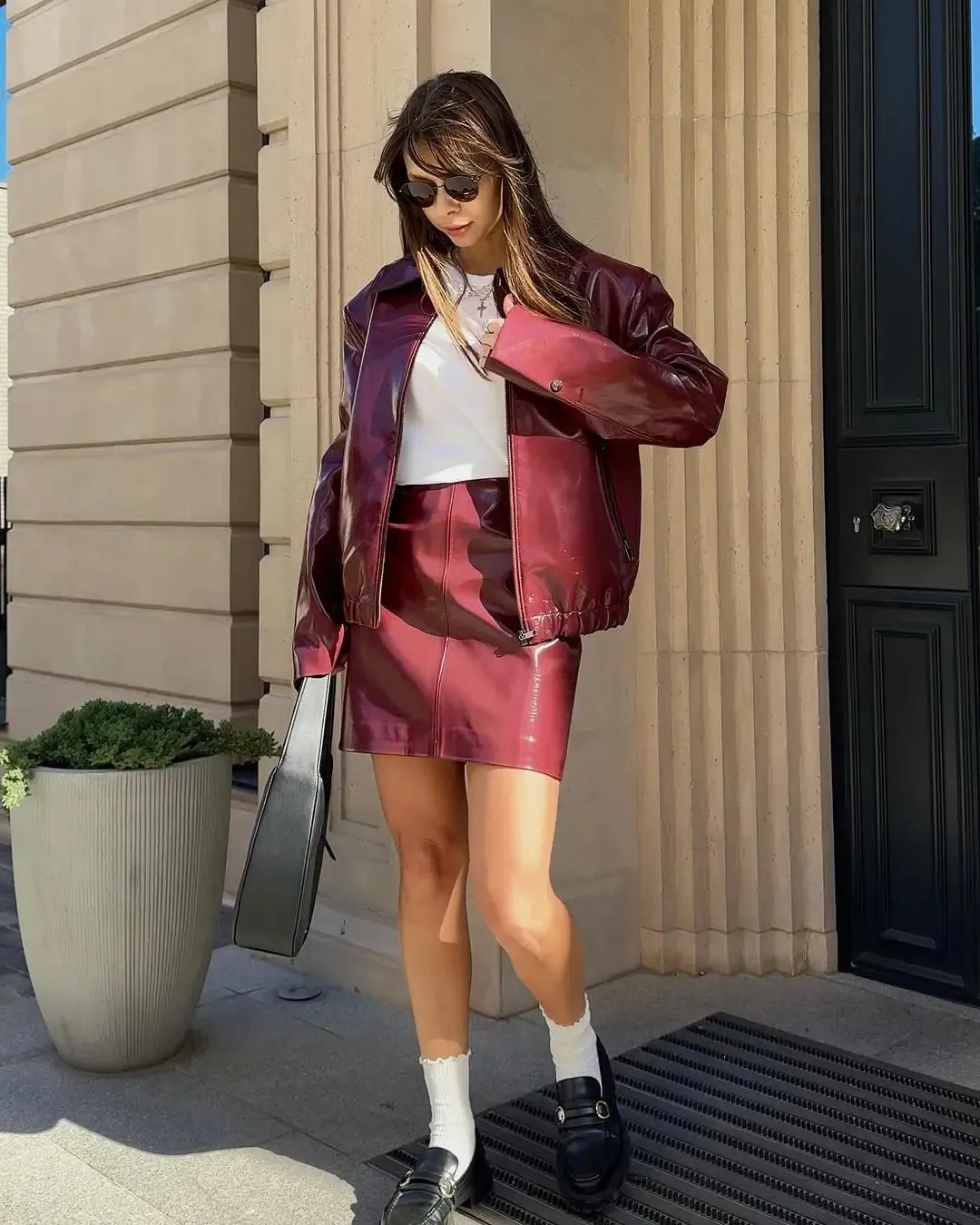 TAVIMART  -  Women Elegant Ancora Red Zipper Leather Jacket 2 Piece Set Fashion High Waist Solid Cropped Mini Skirt Suit Lady Streetwear