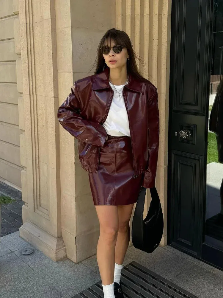TAVIMART  -  Women Elegant Ancora Red Zipper Leather Jacket 2 Piece Set Fashion High Waist Solid Cropped Mini Skirt Suit Lady Streetwear
